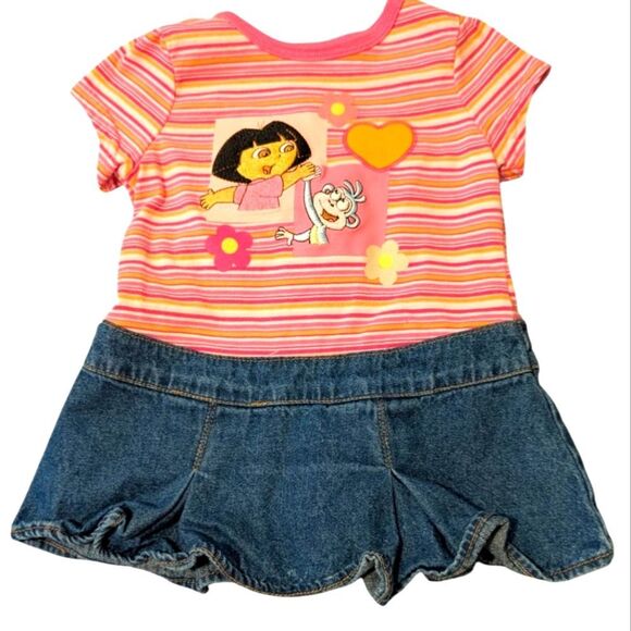 Dora Y2K Infant Girls Denim & Pink Striped Embroidered Character Dress - Picture 1 of 8